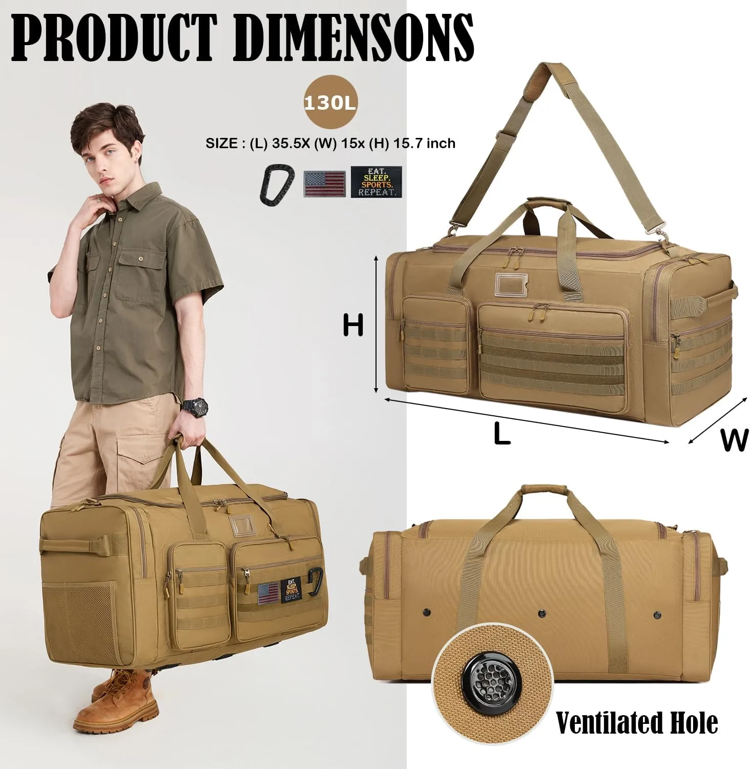 130L Extra Large Duffle Bag for Men, Heavy Duty Duffle Bag for Travel, Large Sports Gym Equipment Bag for Hockey Football Soccer Baseball Basketball & Team training, 130L, Brown