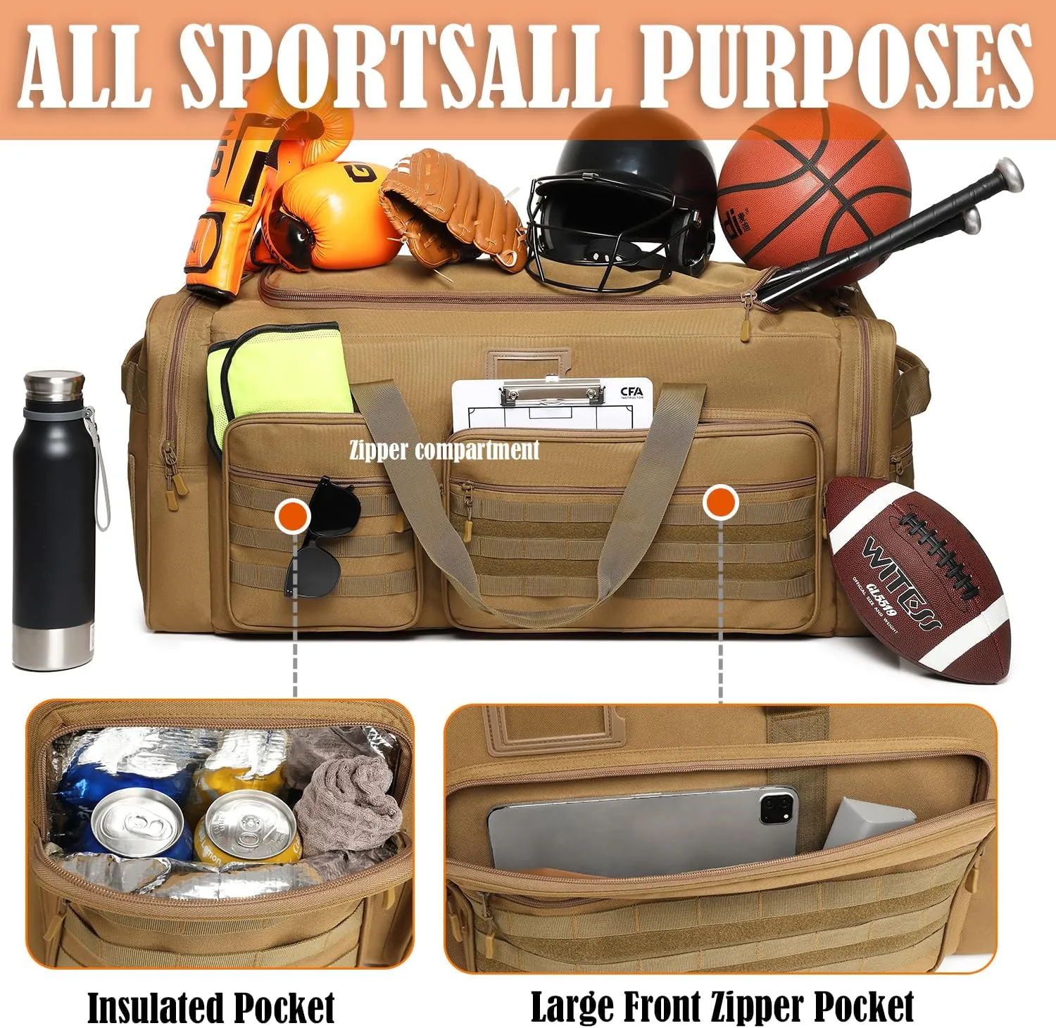 130L Extra Large Duffle Bag for Men, Heavy Duty Duffle Bag for Travel, Large Sports Gym Equipment Bag for Hockey Football Soccer Baseball Basketball & Team training, 130L, Brown