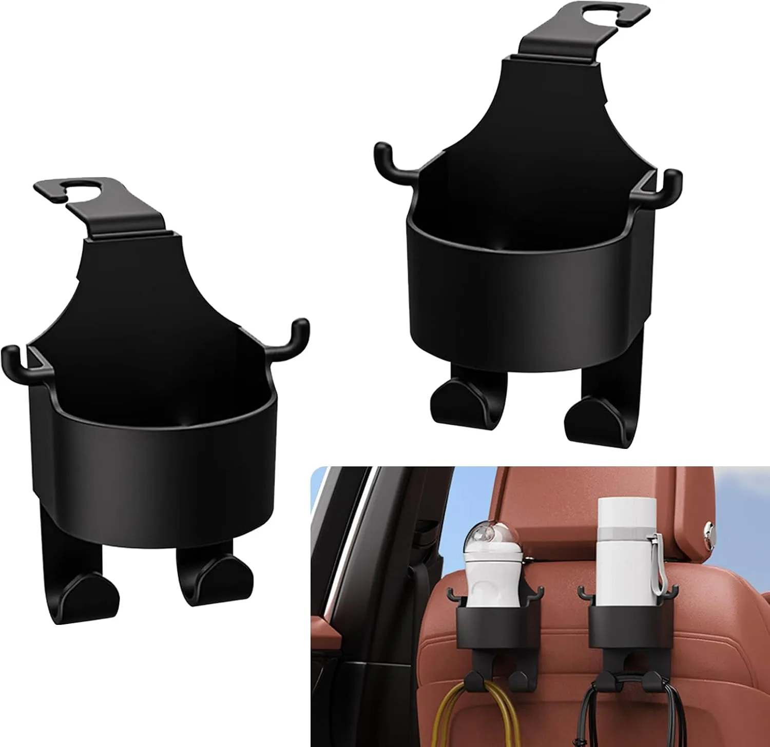 2 PCS Car Seat Back Multifunctional 3-in-1 Hook, Cup Holder Mobile Phone Holder Hanging Organizer, Hands-Free Portable Super Load-Bearing Storage Rack, Universal for Most Cars (Black)