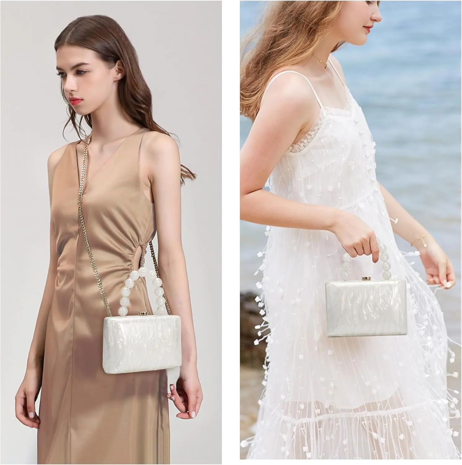 Acrylic Purses Evening Clutch Bag Marbling Handbags for Women Cross Body Bag with Pearl Chain Formal Wedding Prom Party