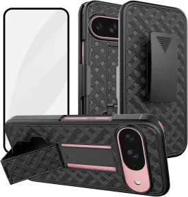 Ailiber for Google Pixel 9 Case with Belt Clip, Google 9 Holster Case with Screen Protector, Swivel Kickstand Holder, Slim Shockproof Shell Full Body Pouch Phone Cover for Pixel 9-Black