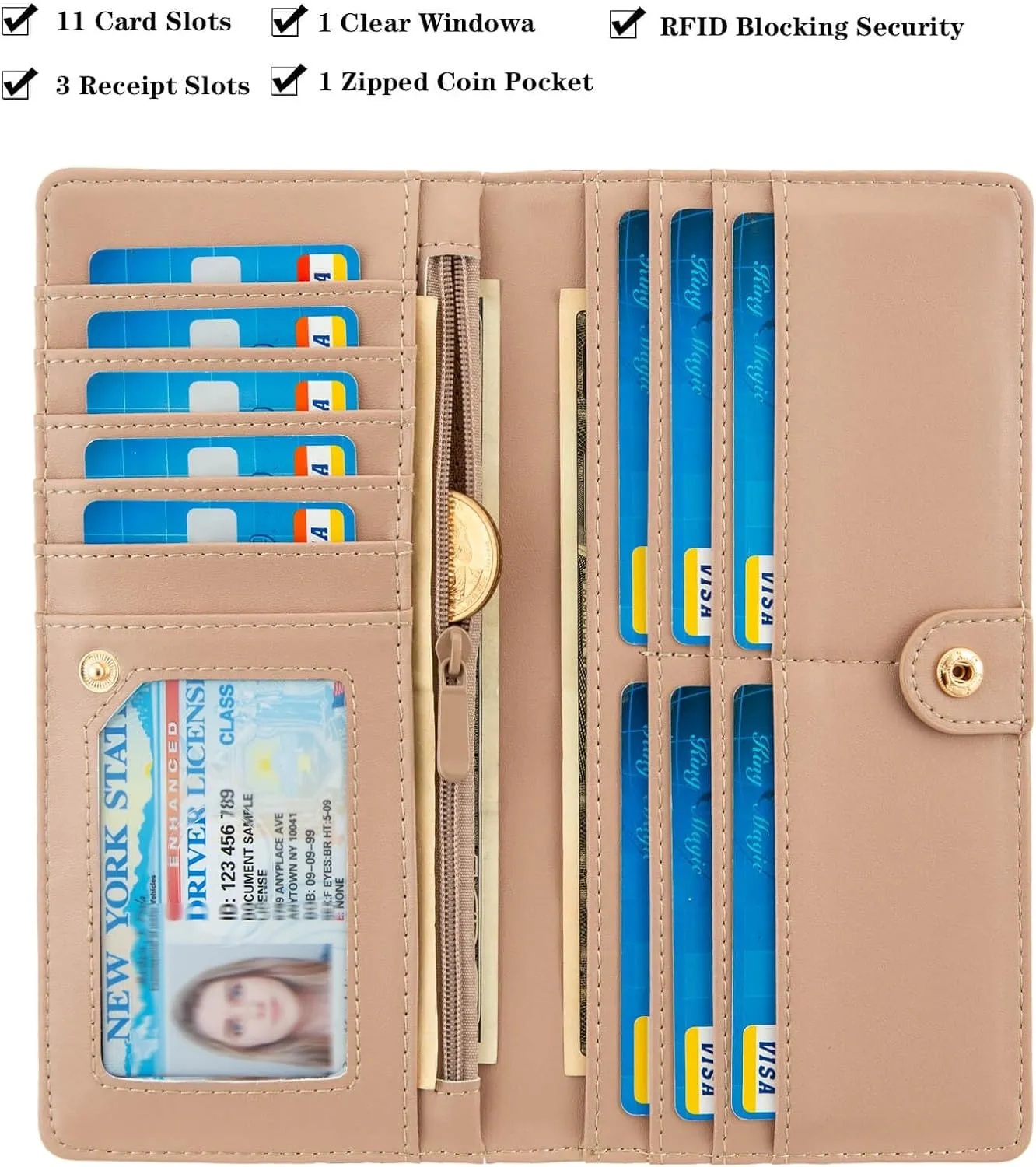 AIRMORS Wallet Women Leather Credit Card Holder with RFID Blocking Large Capacity Slim zipper Wallets for Men Minimalist Coin Purse long clutch wallet (Cat)