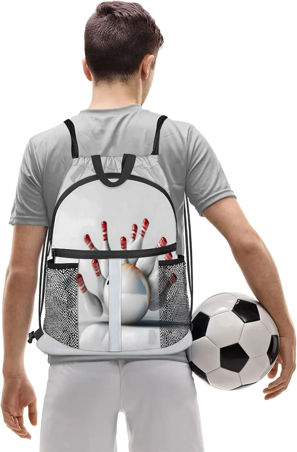 Bowling Sports Themed Drawstring Backpack for Women and Men Lightweight Waterproof Sports Gym Sackpack with Mesh Pockets