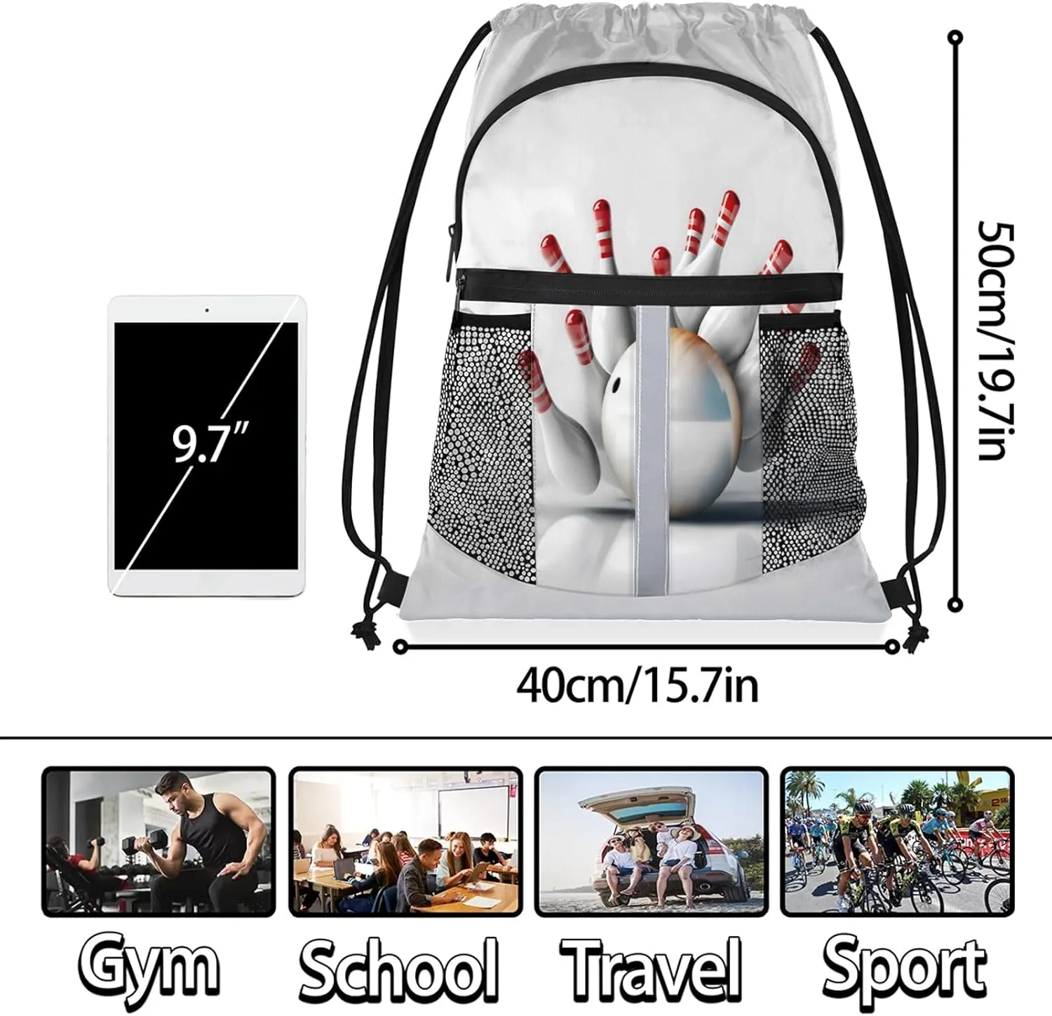 Bowling Sports Themed Drawstring Backpack for Women and Men Lightweight Waterproof Sports Gym Sackpack with Mesh Pockets