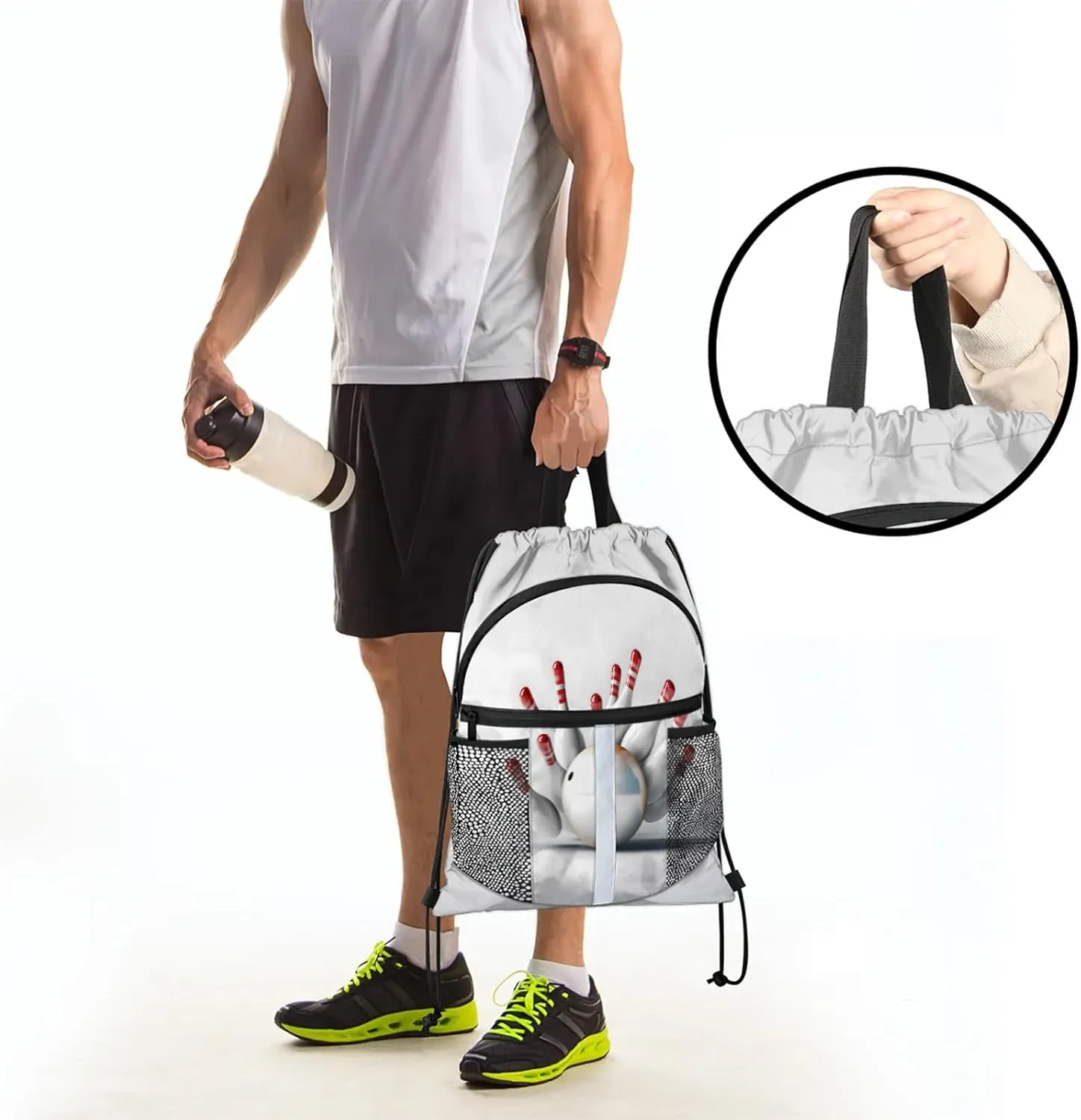 Bowling Sports Themed Drawstring Backpack for Women and Men Lightweight Waterproof Sports Gym Sackpack with Mesh Pockets