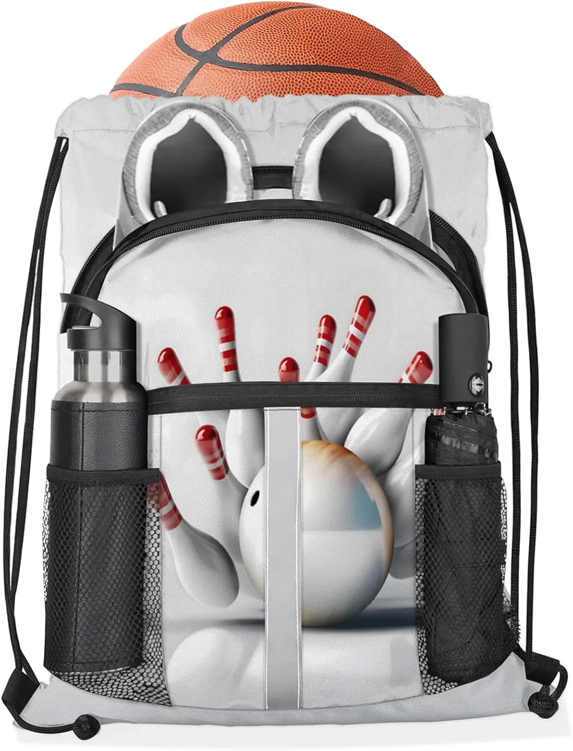 Bowling Sports Themed Drawstring Backpack for Women and Men Lightweight Waterproof Sports Gym Sackpack with Mesh Pockets
