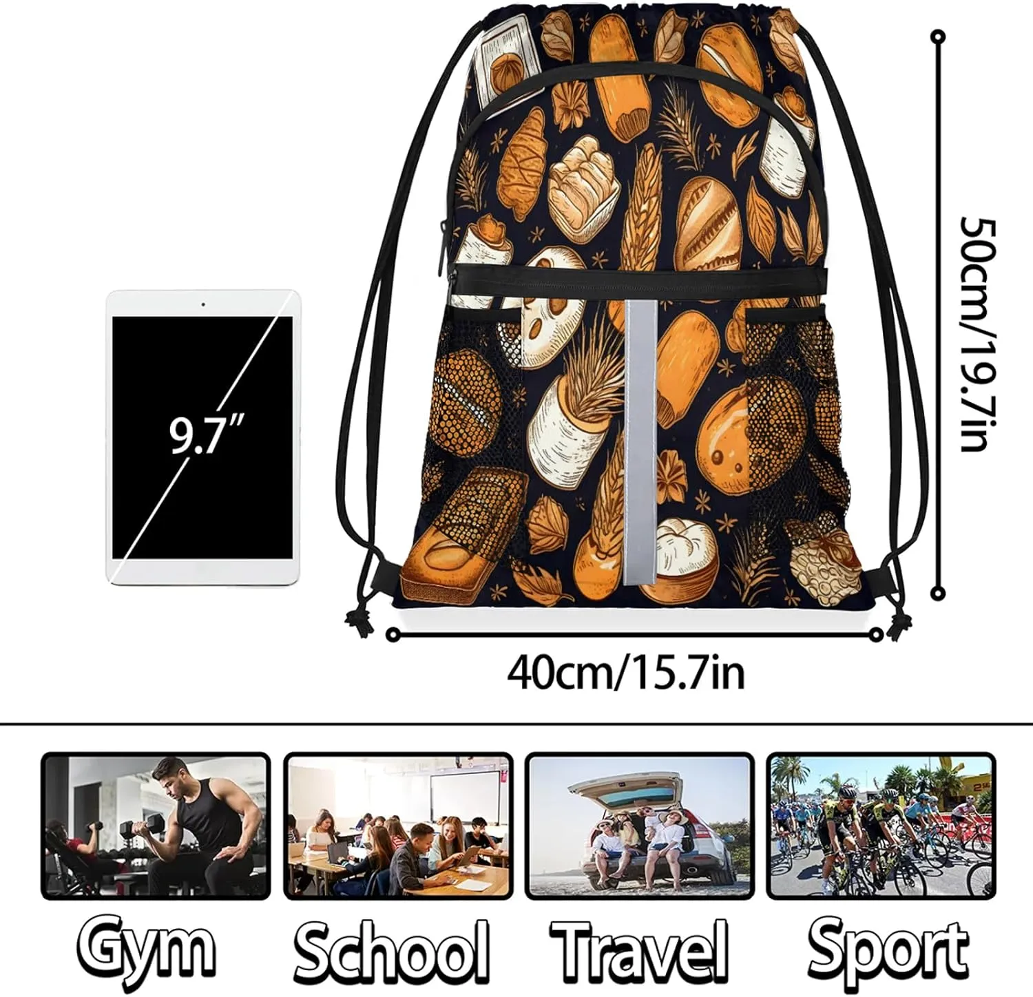 Bread Pattern Drawstring Backpack for Women and Men Lightweight Waterproof Sports Gym Sackpack with Mesh Pockets