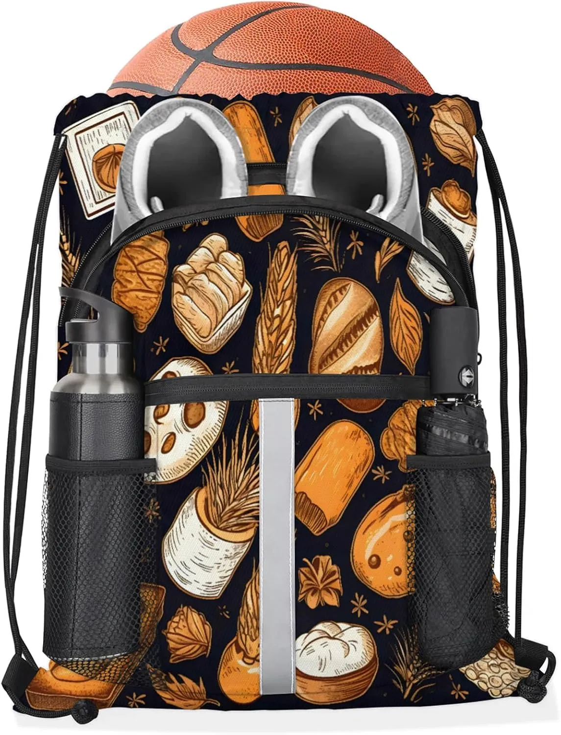 Bread Pattern Drawstring Backpack for Women and Men Lightweight Waterproof Sports Gym Sackpack with Mesh Pockets