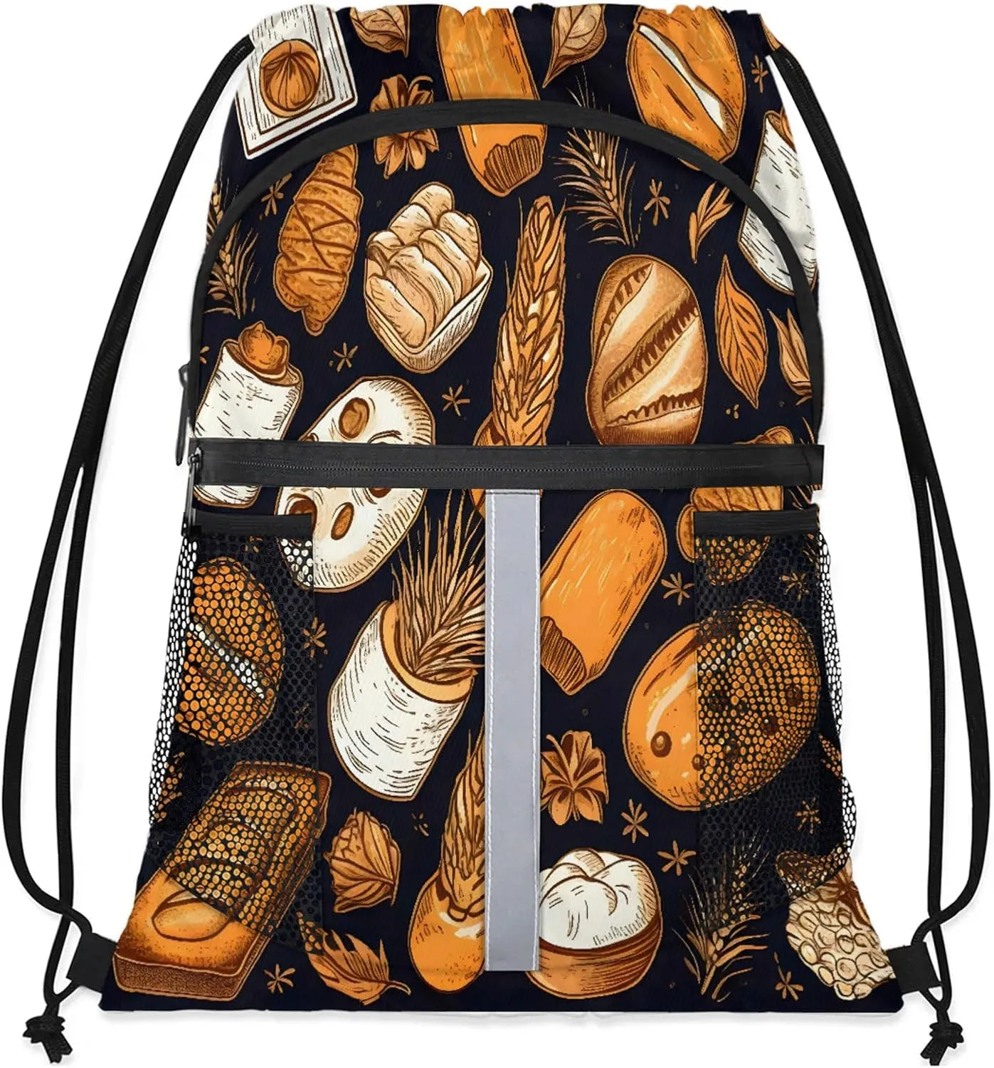 Bread Pattern Drawstring Backpack for Women and Men Lightweight Waterproof Sports Gym Sackpack with Mesh Pockets