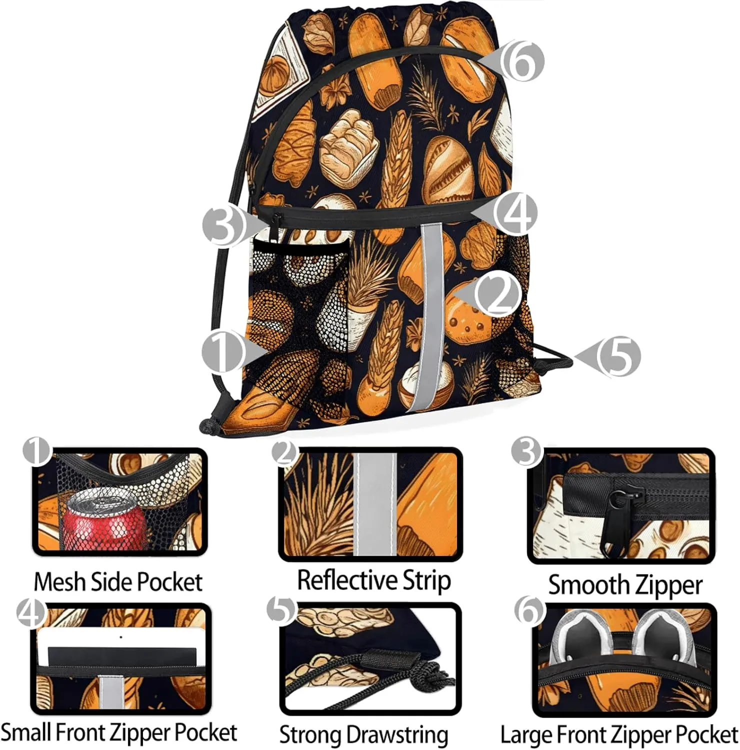 Bread Pattern Drawstring Backpack for Women and Men Lightweight Waterproof Sports Gym Sackpack with Mesh Pockets