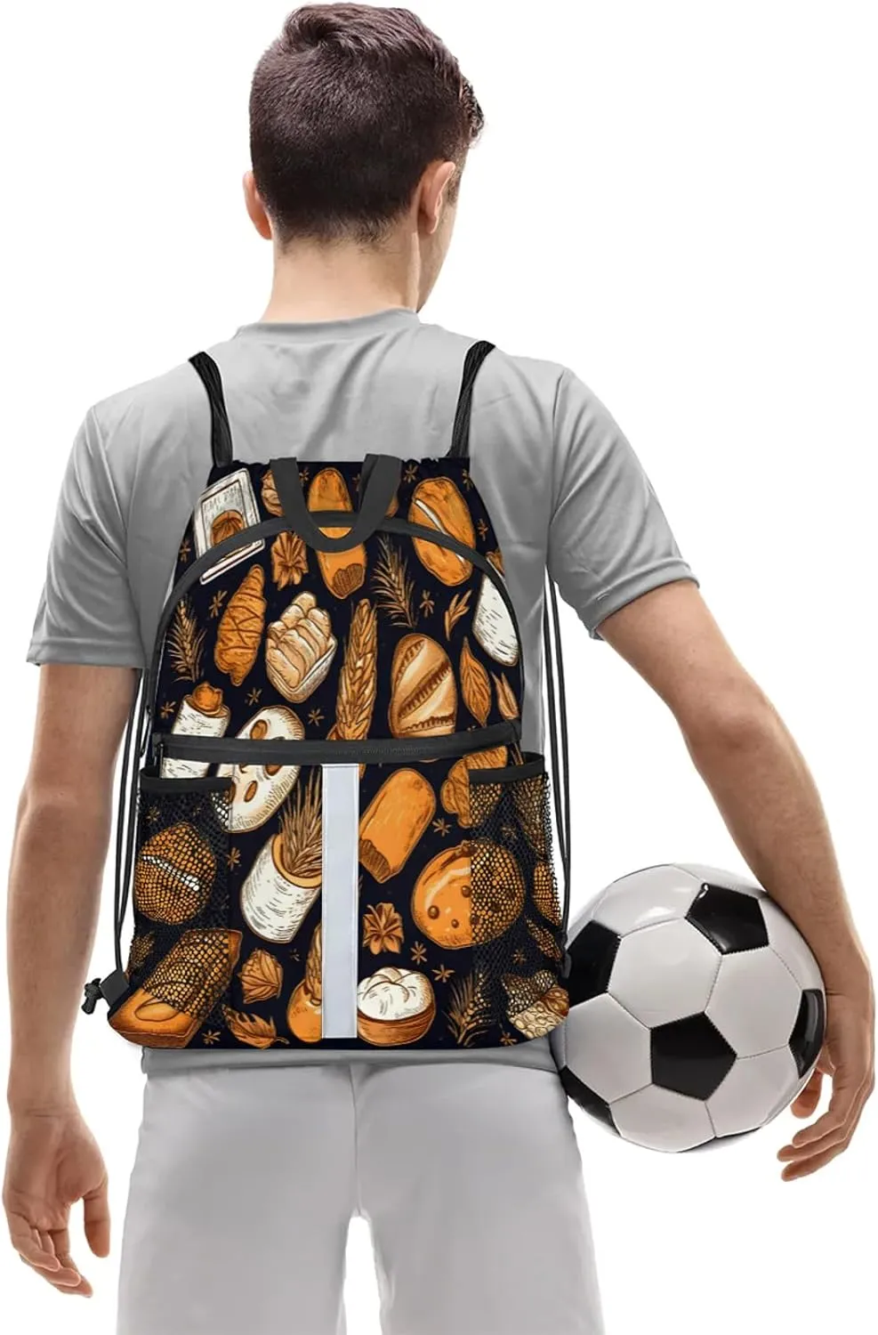 Bread Pattern Drawstring Backpack for Women and Men Lightweight Waterproof Sports Gym Sackpack with Mesh Pockets