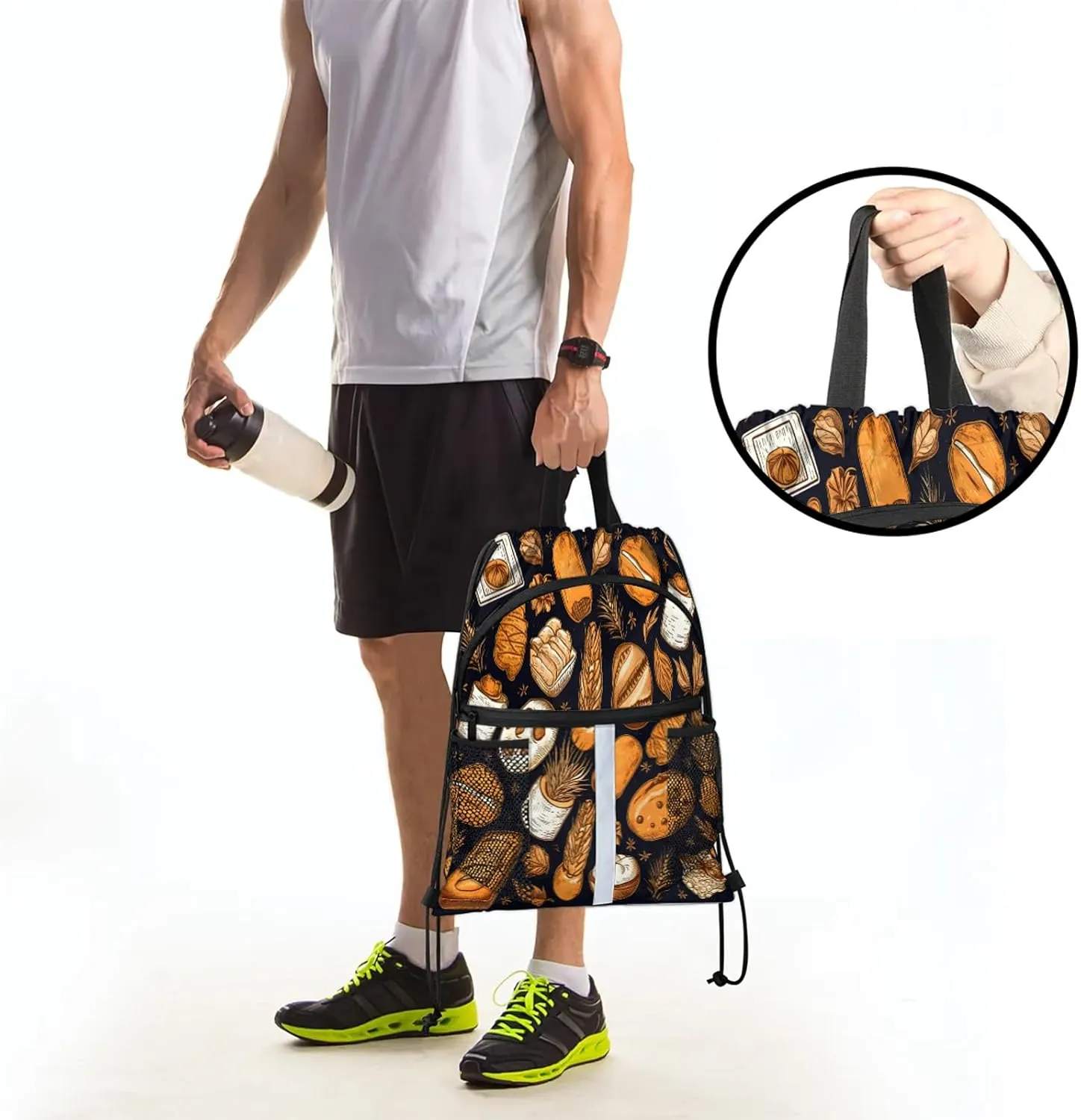 Bread Pattern Drawstring Backpack for Women and Men Lightweight Waterproof Sports Gym Sackpack with Mesh Pockets