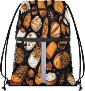 Bread Pattern Drawstring Backpack for Women and Men Lightweight Waterproof Sports Gym Sackpack with Mesh Pockets