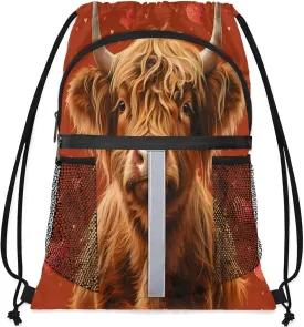 Brown Bull Drawstring Backpack for Women and Men Lightweight Waterproof Sports Gym Sackpack with Mesh Pockets
