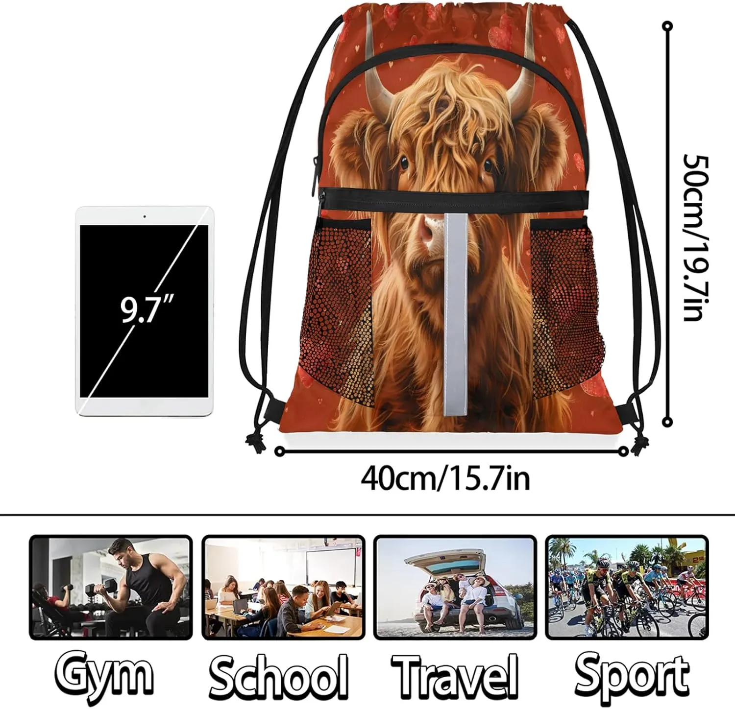 Brown Bull Drawstring Backpack for Women and Men Lightweight Waterproof Sports Gym Sackpack with Mesh Pockets