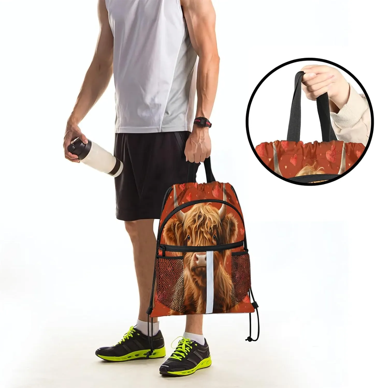 Brown Bull Drawstring Backpack for Women and Men Lightweight Waterproof Sports Gym Sackpack with Mesh Pockets