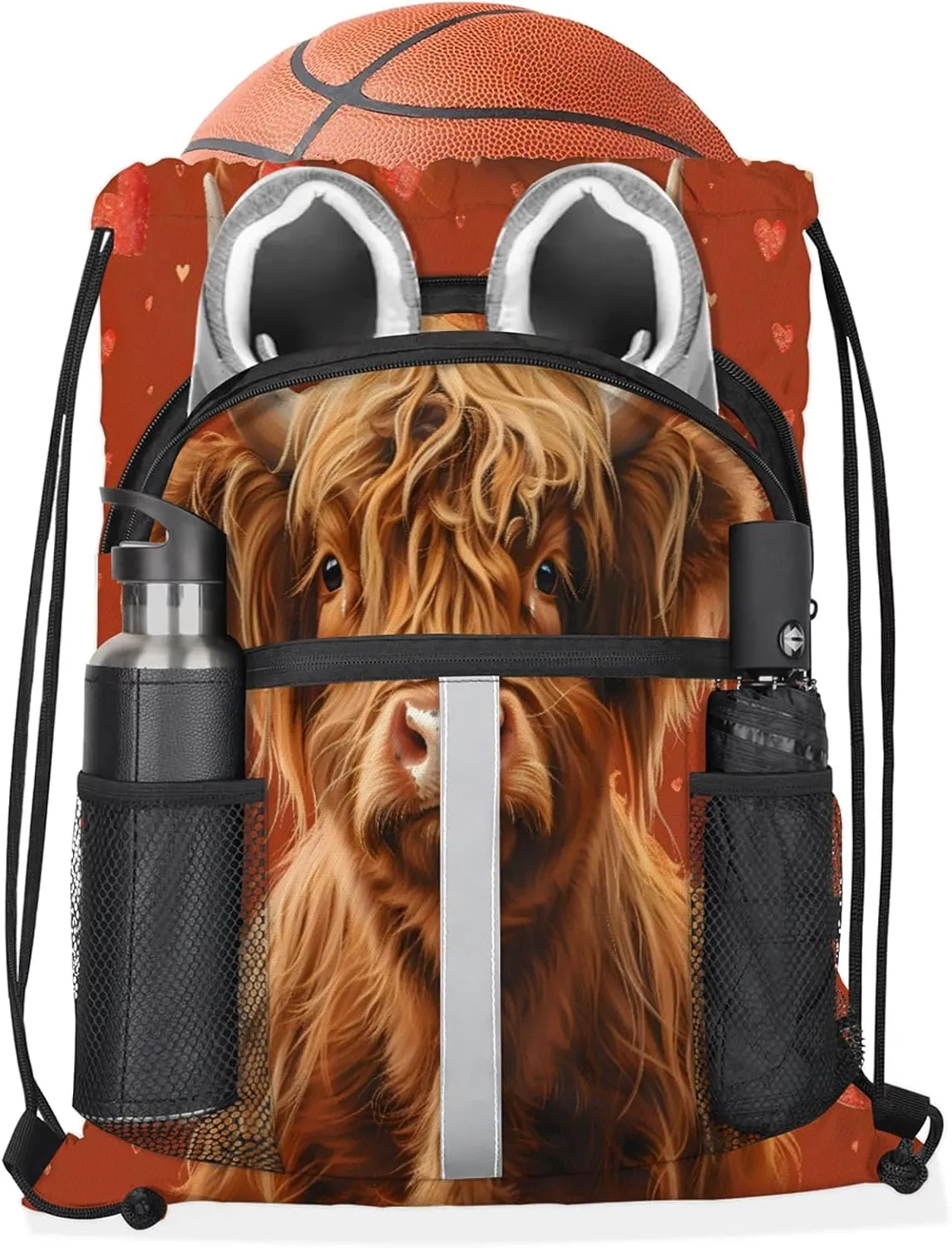Brown Bull Drawstring Backpack for Women and Men Lightweight Waterproof Sports Gym Sackpack with Mesh Pockets