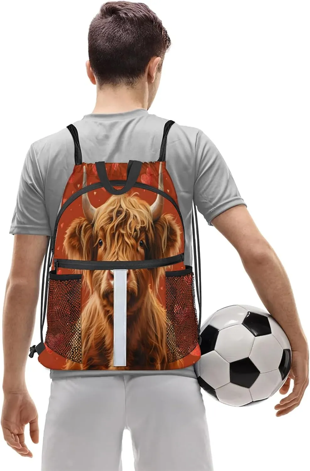Brown Bull Drawstring Backpack for Women and Men Lightweight Waterproof Sports Gym Sackpack with Mesh Pockets