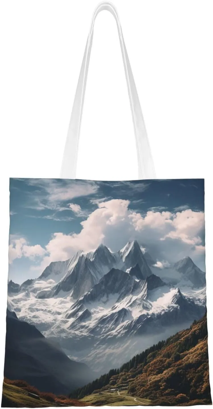 Canvas Tote Bag For Women Reusable Shopping Bag Casual Mountain And White Clouds Shoulder Bag Handbag For Travel