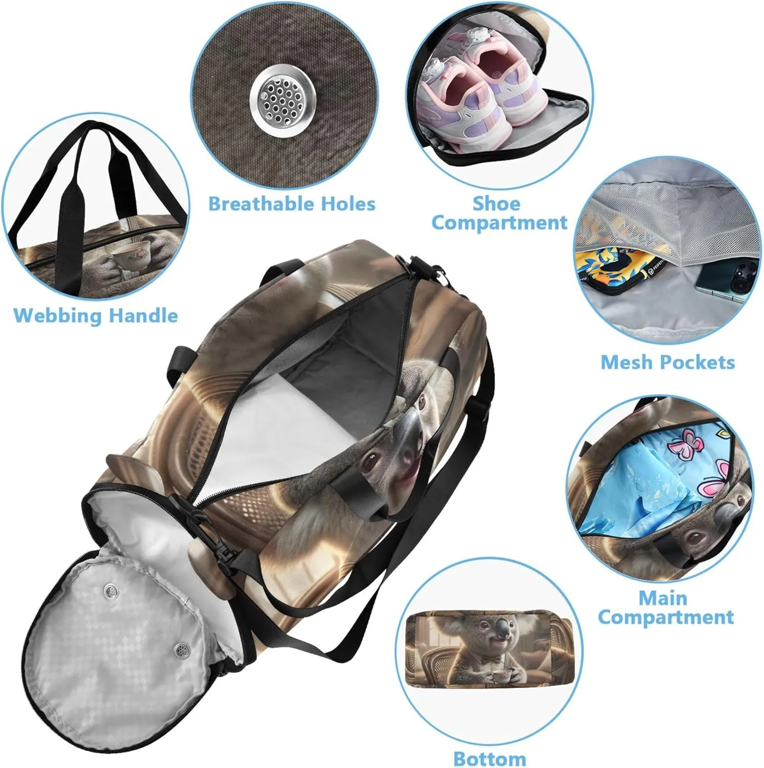 Carry on Duffel Bag Boys Gentleman Koala Vintage Tea Overnight Bags Toddler Girls Duffle Bags Travel Tote Dance Duffle Bag