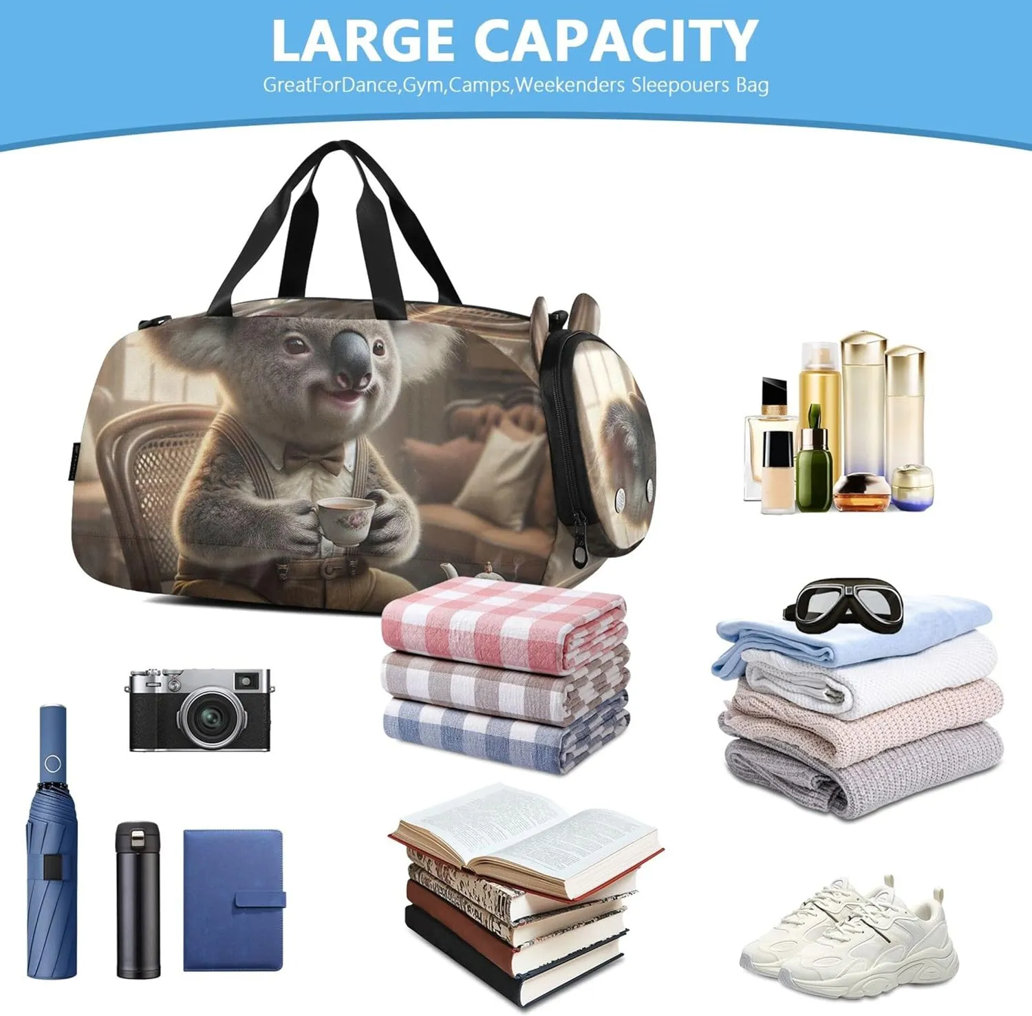 Carry on Duffel Bag Boys Gentleman Koala Vintage Tea Overnight Bags Toddler Girls Duffle Bags Travel Tote Dance Duffle Bag