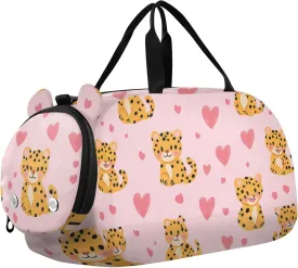 Cartoon Leopard and Heart Peach Kids Duffel Bag with Shoes Compartment Large Capacity Weekend Overnight Carry on Bag for Travel, Sports, Duffel, Weekender