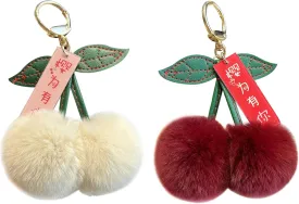 Cherry Fruit Keychain Creative Plush Metal Buckle Keyring Cherry Backpack Charm Kawaii PomPom Bag Purse Fluffy Ball