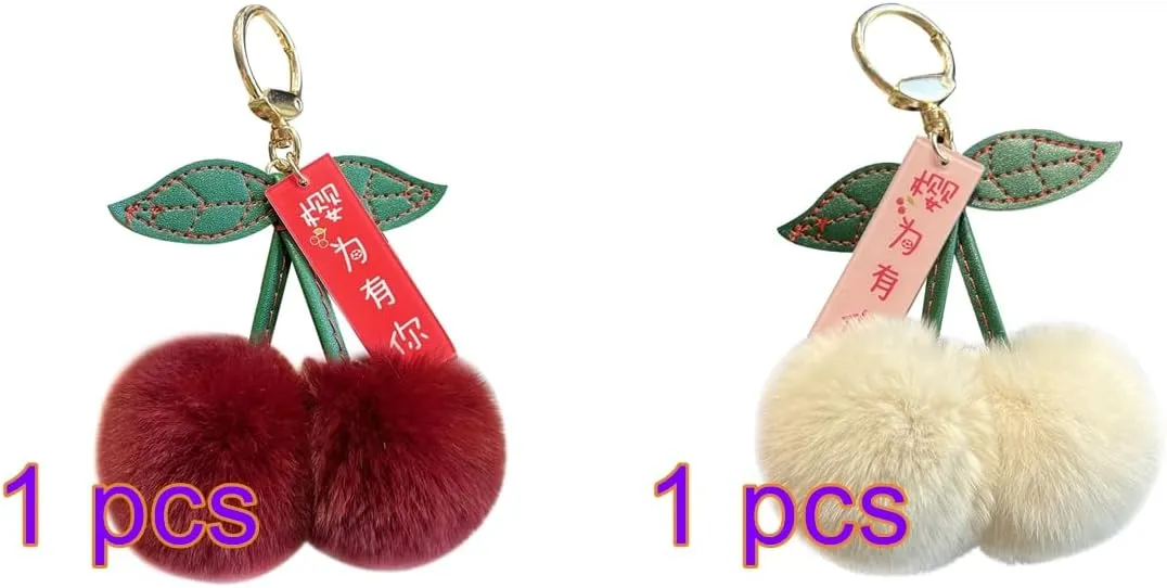 Cherry Fruit Keychain Creative Plush Metal Buckle Keyring Cherry Backpack Charm Kawaii PomPom Bag Purse Fluffy Ball