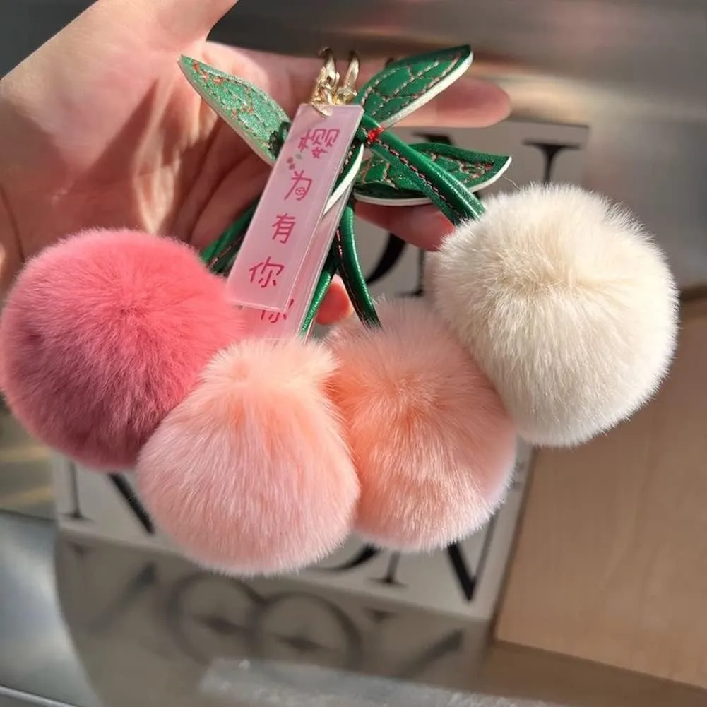 Cherry Fruit Keychain Creative Plush Metal Buckle Keyring Cherry Backpack Charm Kawaii PomPom Bag Purse Fluffy Ball