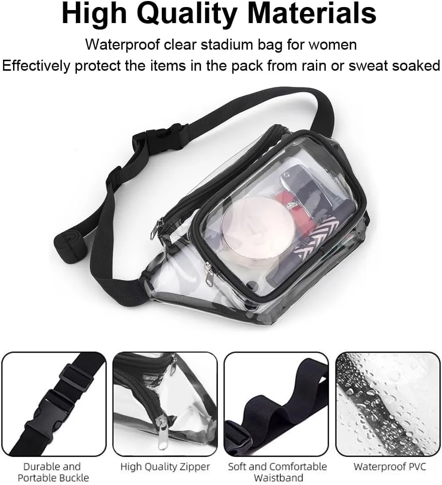Clear Purses for Women - Stadium Approved Fanny Packs, Belt Bags - Trendy Crossbody Bags (Black)