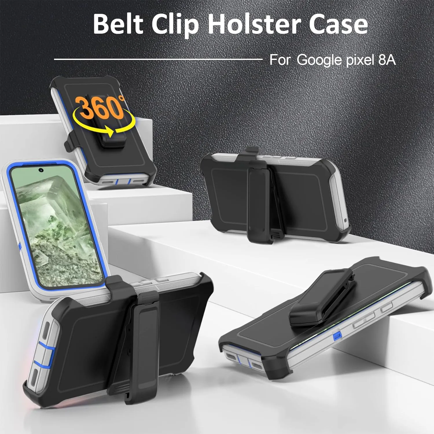 Compatible with Google Pixel 8A Case, with Belt Clip Holster Heavy Duty Rugged Shockproof Full Body Protection Kickstand Phone case for Google Pixel 8A 5G (Grey Blue)