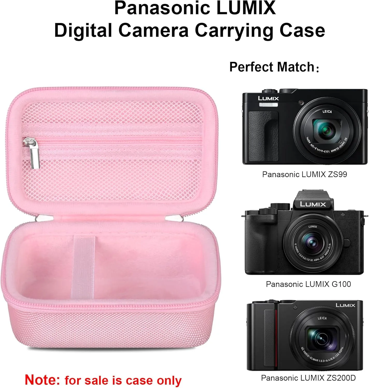 Elonbo Carrying Case for Panasonic LUMIX ZS99 Point and Shoot Camera, LX100/ ZS60/ ZS70/ ZS80/ ZS200/ ZS100 4K Digital Camera Travel Bag, Compact Camera Storage Cover, Mesh Pocket fits Charger. Pink