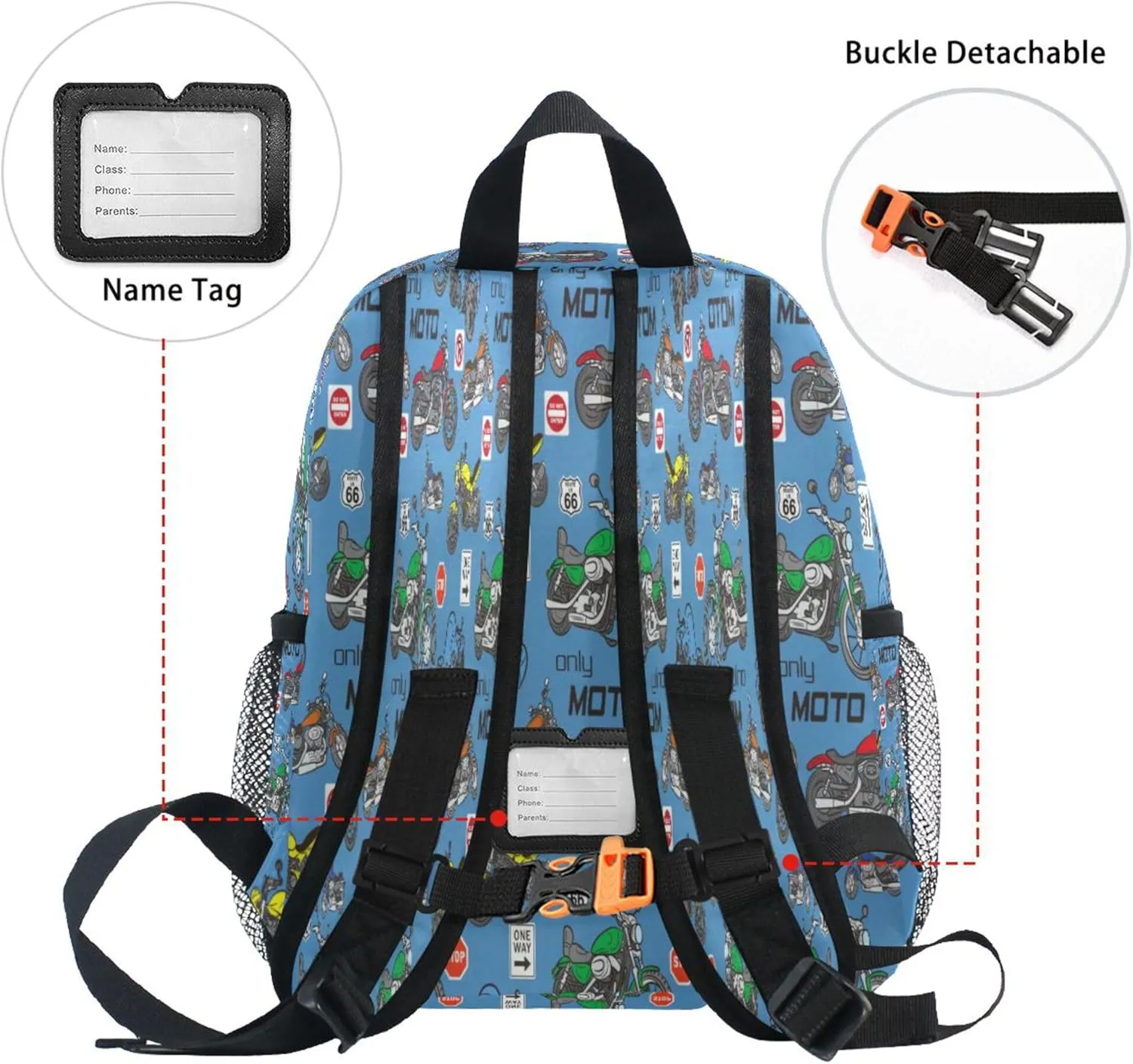 Fisyme Route 66 Cartoon Motorcycles Toddler Backpack School Bag Kids Daypack for Kindergarten Preschool Nursery Girls Boys, S
