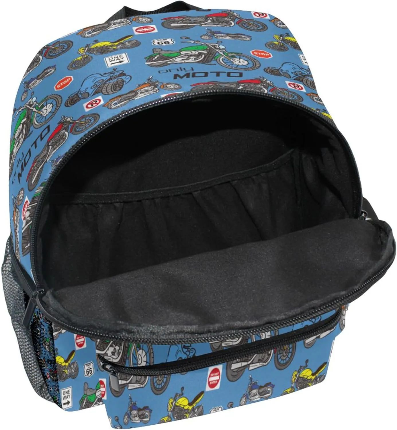 Fisyme Route 66 Cartoon Motorcycles Toddler Backpack School Bag Kids Daypack for Kindergarten Preschool Nursery Girls Boys, S