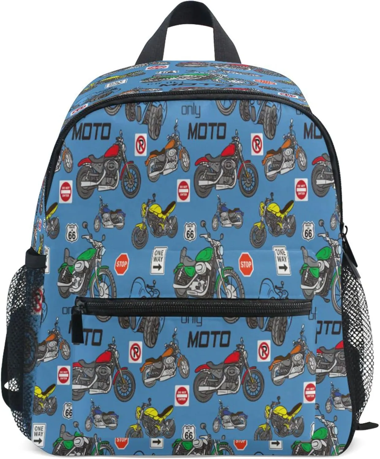 Fisyme Route 66 Cartoon Motorcycles Toddler Backpack School Bag Kids Daypack for Kindergarten Preschool Nursery Girls Boys, S