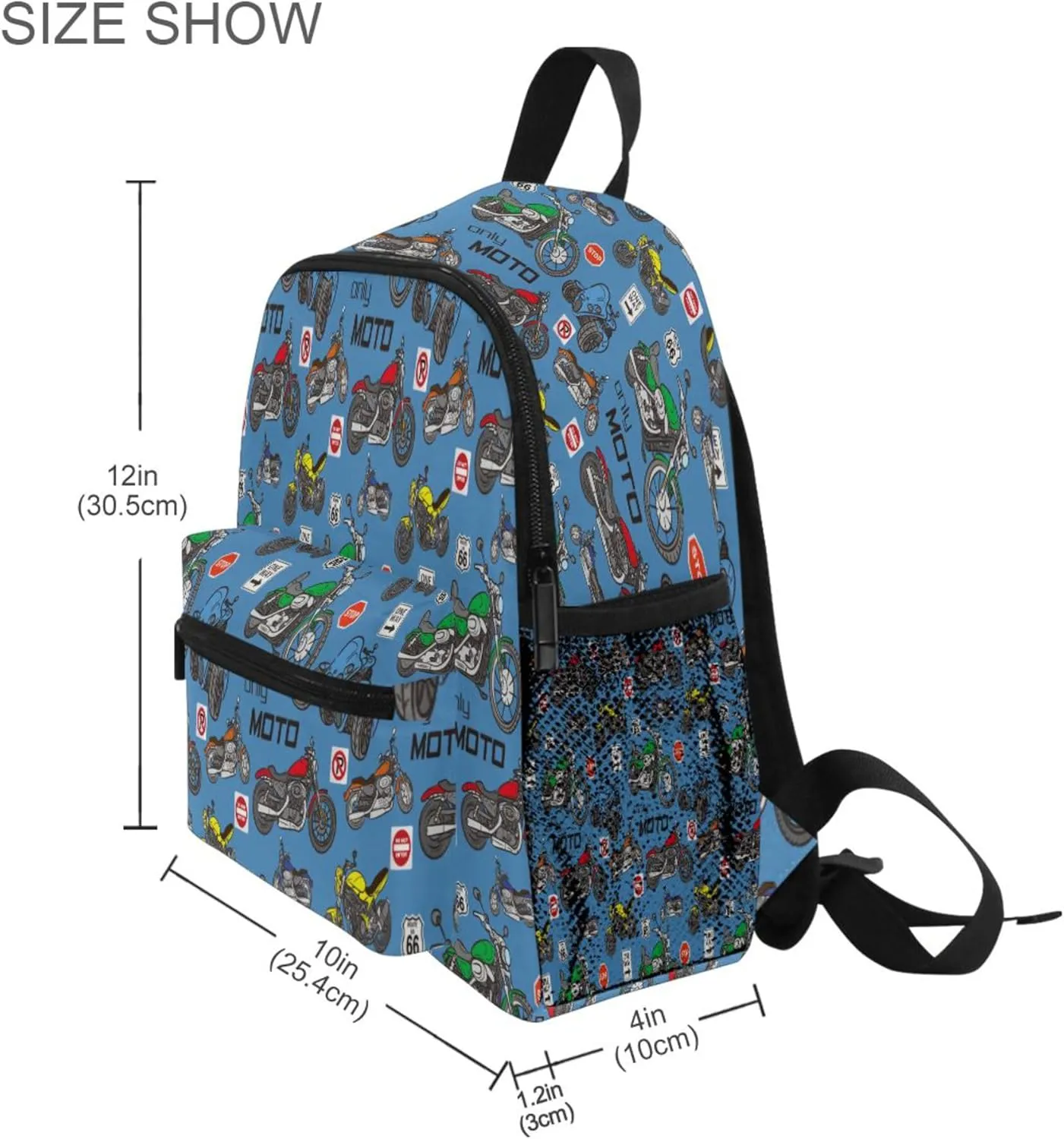 Fisyme Route 66 Cartoon Motorcycles Toddler Backpack School Bag Kids Daypack for Kindergarten Preschool Nursery Girls Boys, S
