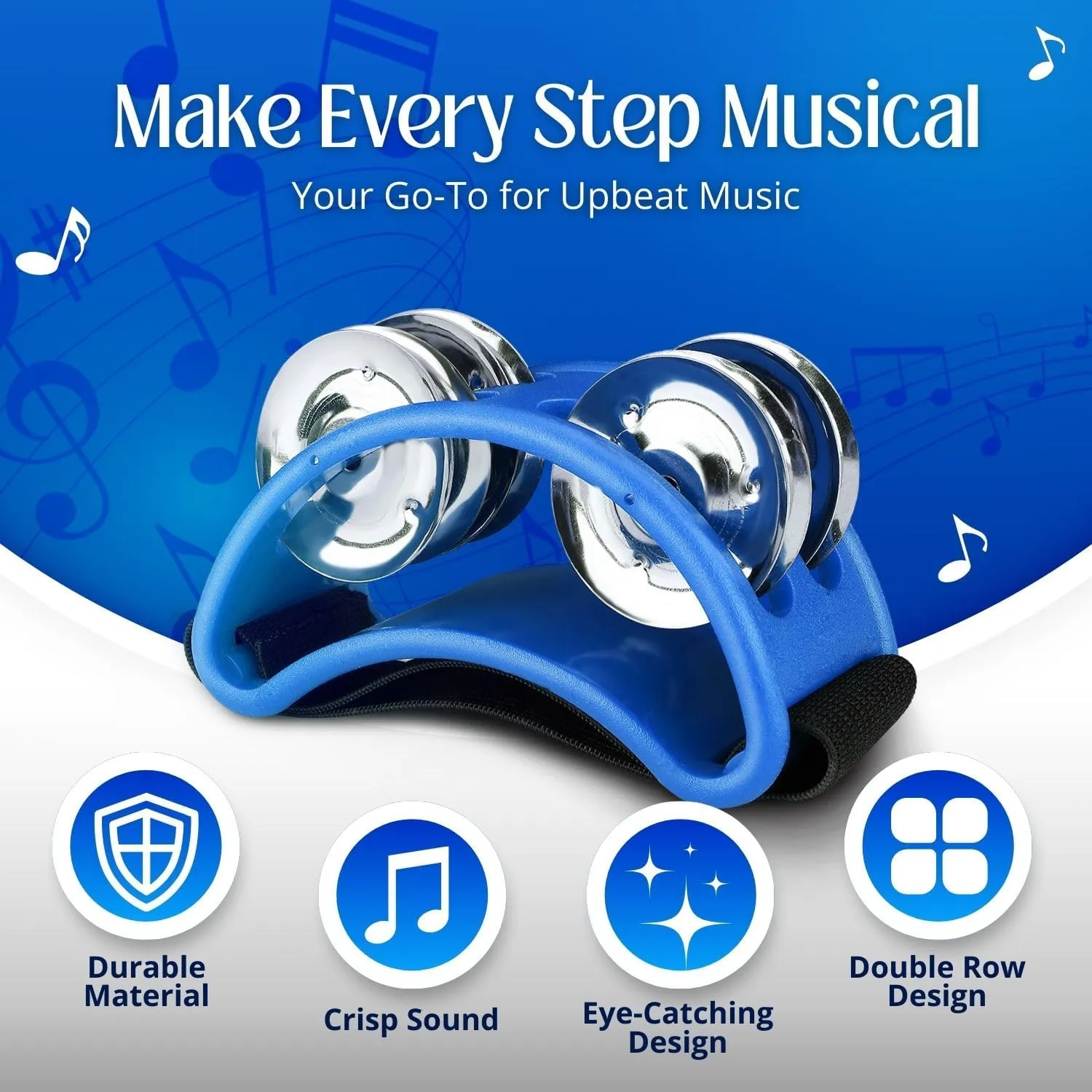Flexzion Foot Tambourine Percussion with Double Row Steel Jingles - Foot Shaker Musical Instrument Drum for Party Shoes Gift Singer Vocalists Cajon & Guitar Players (Blue)