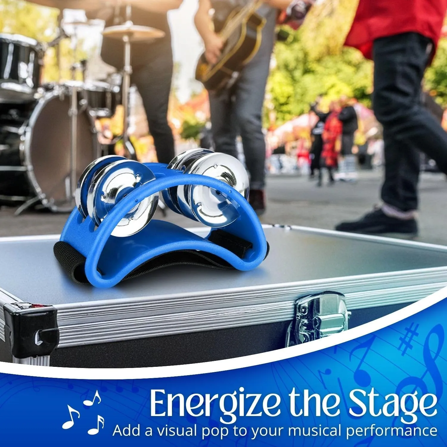 Flexzion Foot Tambourine Percussion with Double Row Steel Jingles - Foot Shaker Musical Instrument Drum for Party Shoes Gift Singer Vocalists Cajon & Guitar Players (Blue)