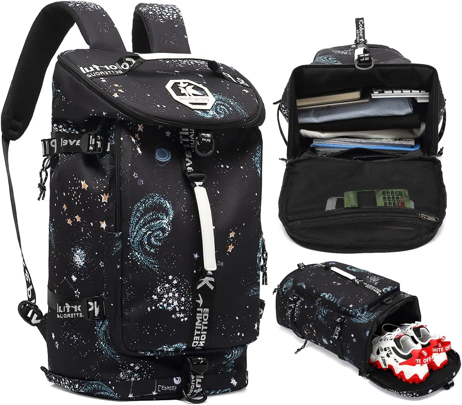 Floral gym duffel bag backpack, fashion wrestling bag,with shoe compartment, 4 kinds of back method waterproof travel sports walking laptop LightweightA-Starry Sky