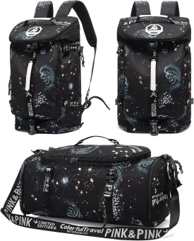 Floral gym duffel bag backpack, fashion wrestling bag,with shoe compartment, 4 kinds of back method waterproof travel sports walking laptop LightweightA-Starry Sky