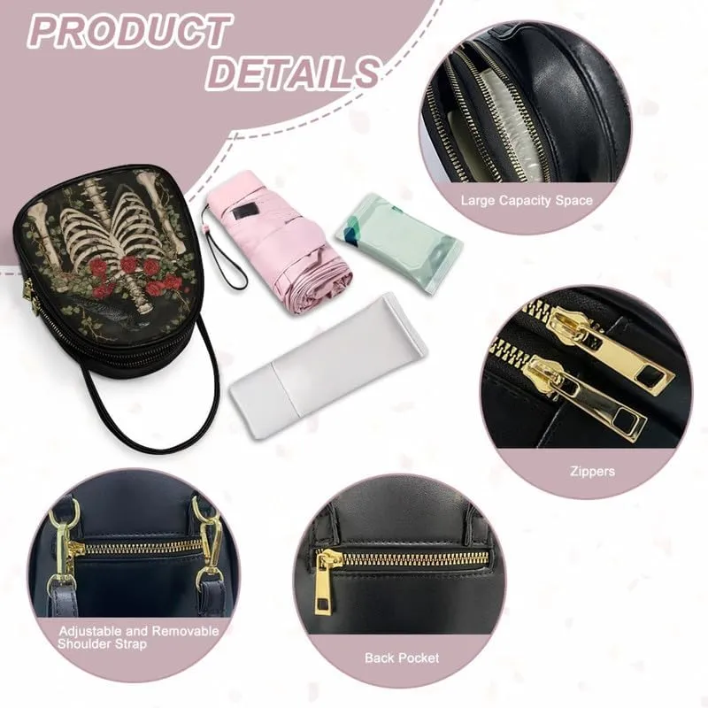 Gothic Small Crossbody Bags for Women, Mini PU Leather Cell Phone Purse Zip Shoulder Handbags Adjustable Straps