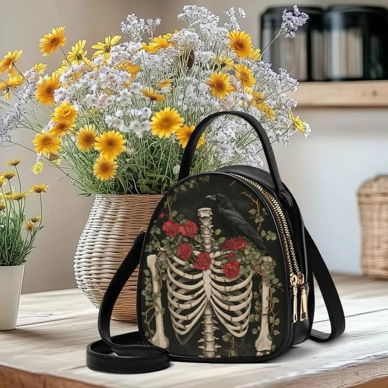 Gothic Small Crossbody Bags for Women, Mini PU Leather Cell Phone Purse Zip Shoulder Handbags Adjustable Straps