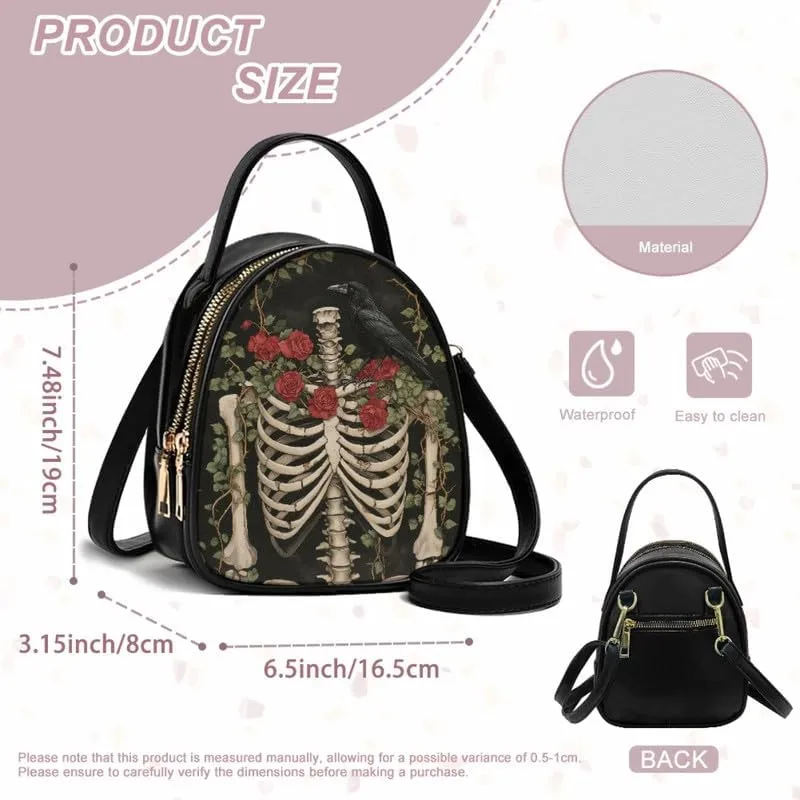 Gothic Small Crossbody Bags for Women, Mini PU Leather Cell Phone Purse Zip Shoulder Handbags Adjustable Straps