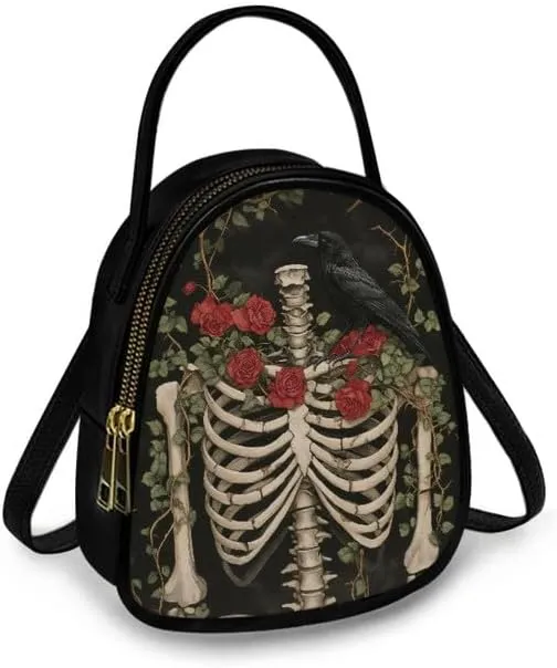 Gothic Small Crossbody Bags for Women, Mini PU Leather Cell Phone Purse Zip Shoulder Handbags Adjustable Straps