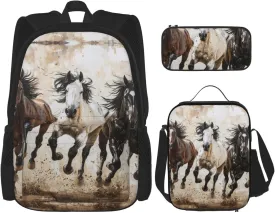 Horses Running Art Print Pencil Case Lightweight Casual Fashion Backpack Lunch Bag Large Capacity Travel Bag