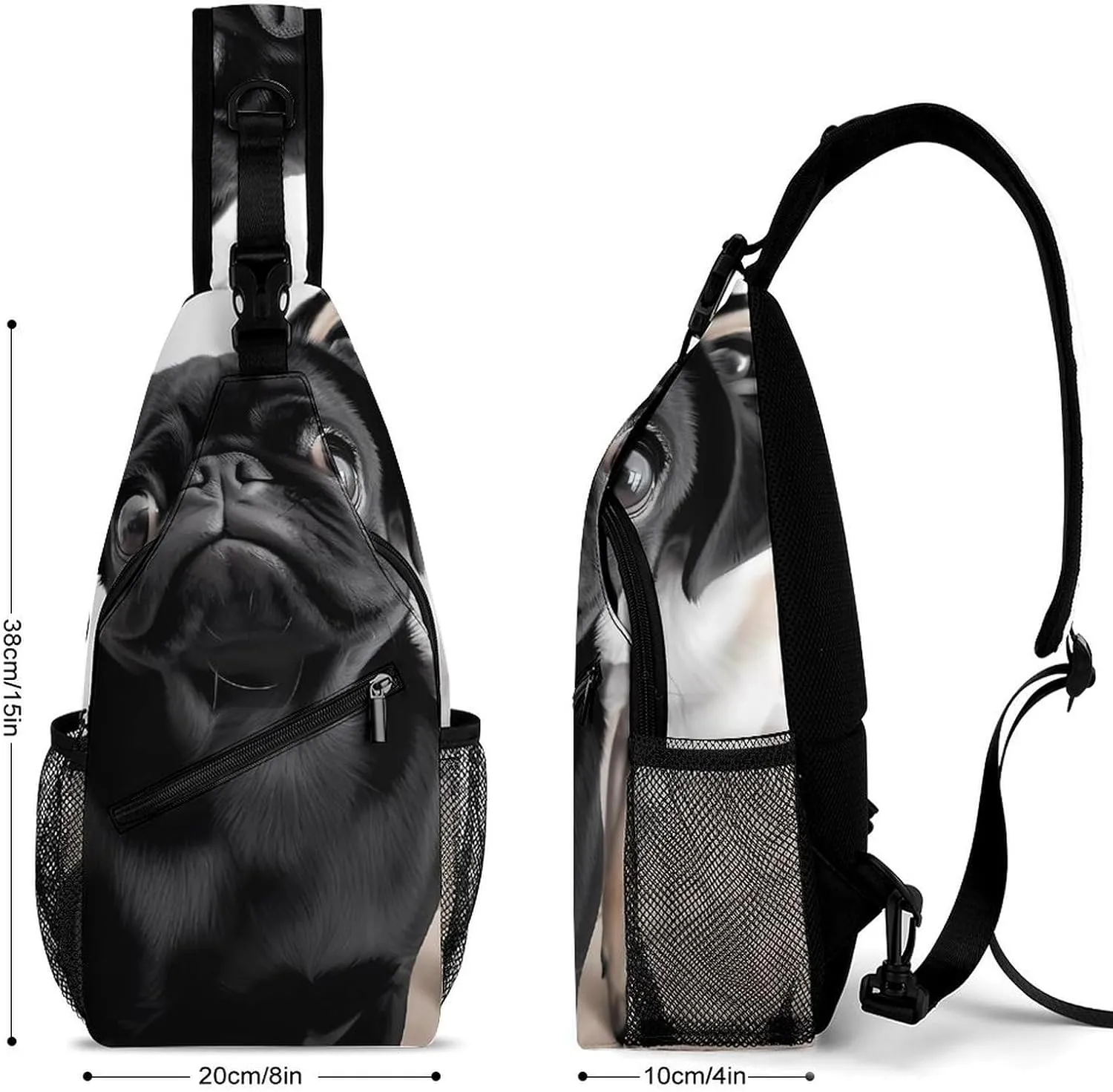 Lightweight Chest Bag Crossbody Bag Cute Black Pug Dog Sling Backpack for Women Men Sports Travel