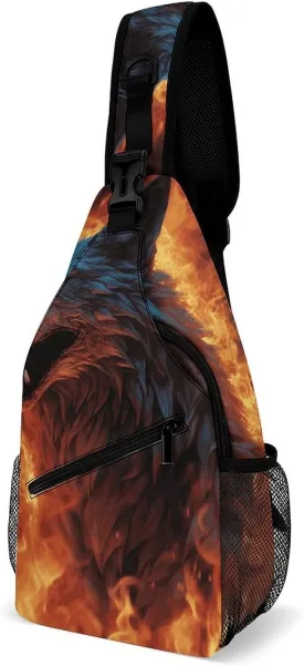 Lightweight Chest Bag Crossbody Bag Wolf Surrounded by Fire Sling Backpack for Women Men Sports Travel