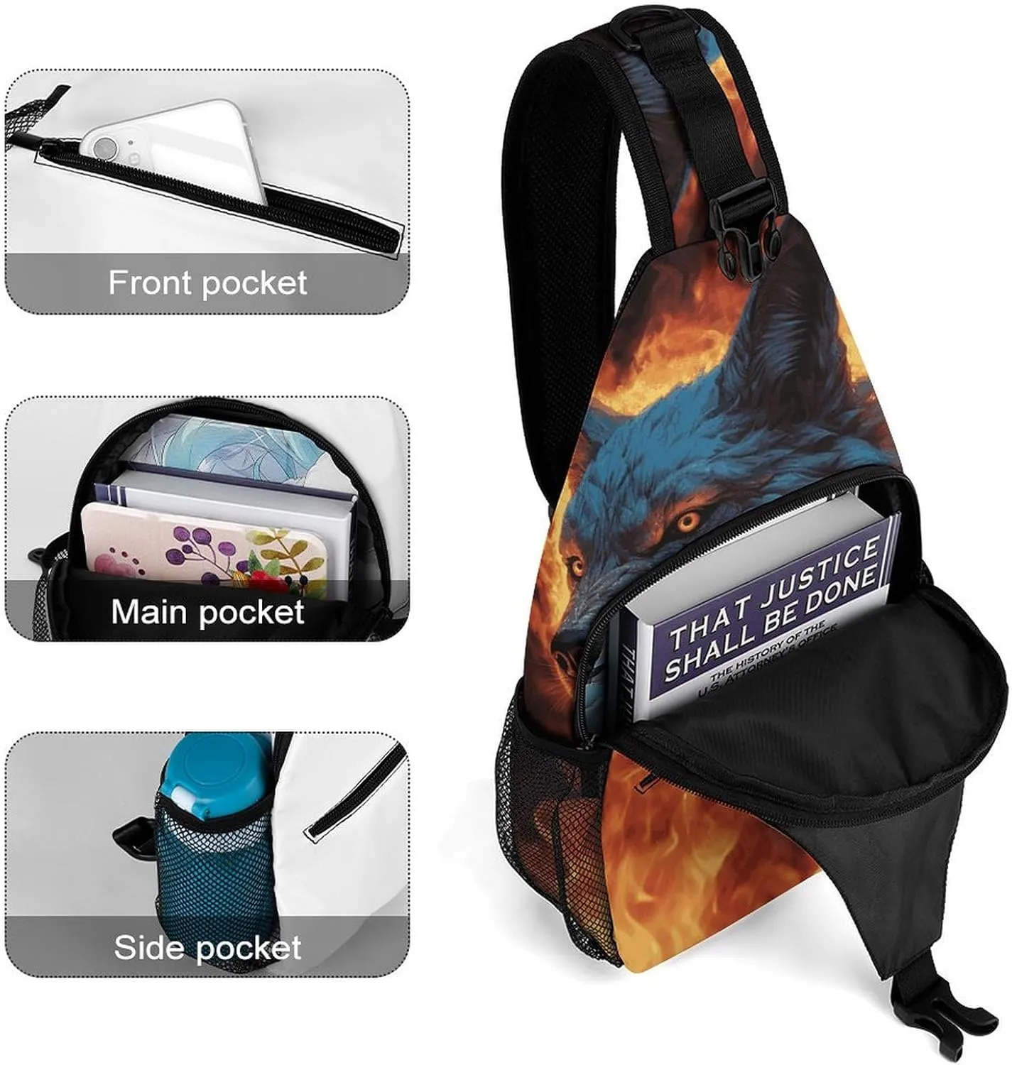 Lightweight Chest Bag Crossbody Bag Wolf Surrounded by Fire Sling Backpack for Women Men Sports Travel
