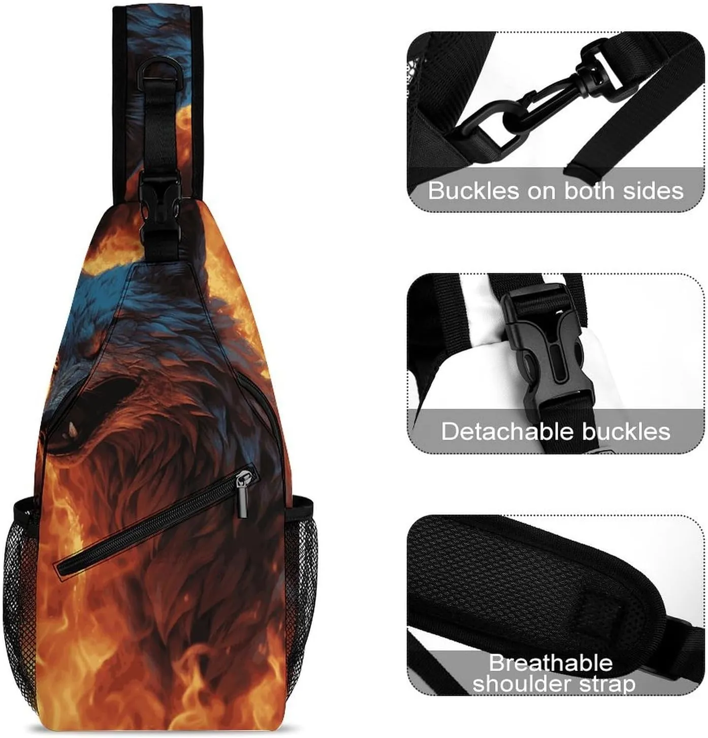 Lightweight Chest Bag Crossbody Bag Wolf Surrounded by Fire Sling Backpack for Women Men Sports Travel
