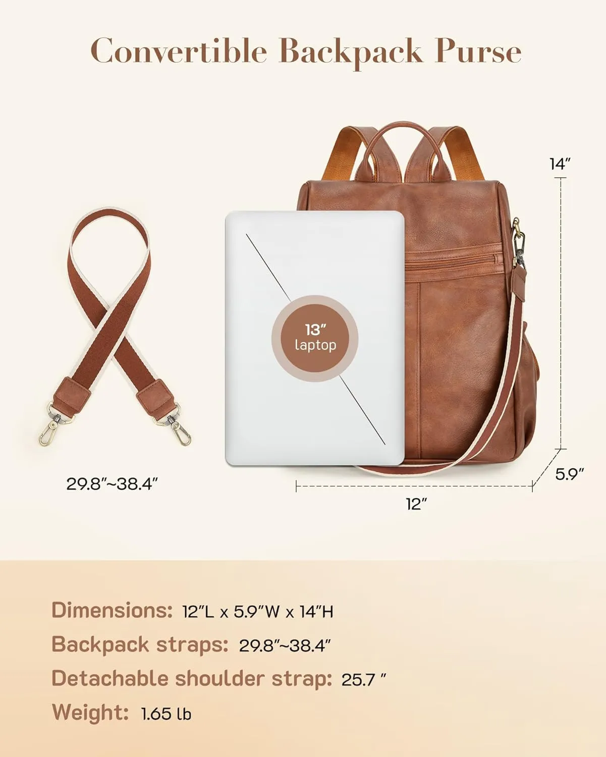 Missnine Backpack Purse for Women, PU Leather Anti-theft Backpack, Ladies Convertible Satchel Bags, Shoulder Bag for Travel, Work, Trip, Brown